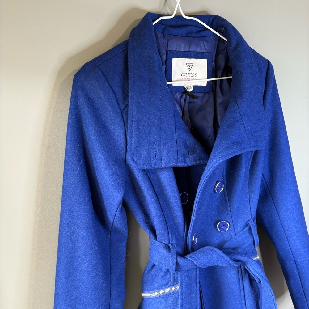 Guess Royal Blue Wool Blend Belted Peacoat XS | Double Breasted Dress Coat - Picture 3 of 8